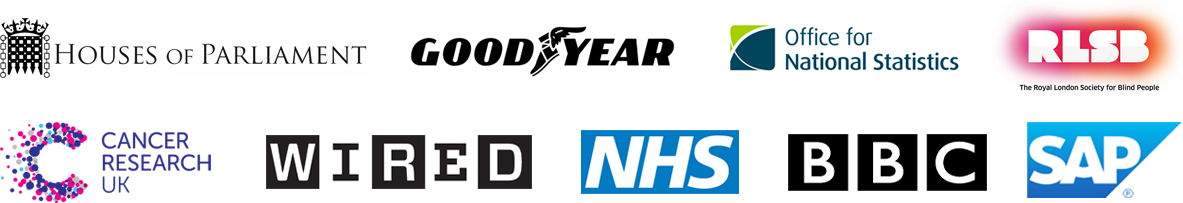 Our team has worked with Houses of Parliament, GoodYear, Office for National Statistics, RLSB, Cancer Research UK, WIRED, NHS, BBC and SAP